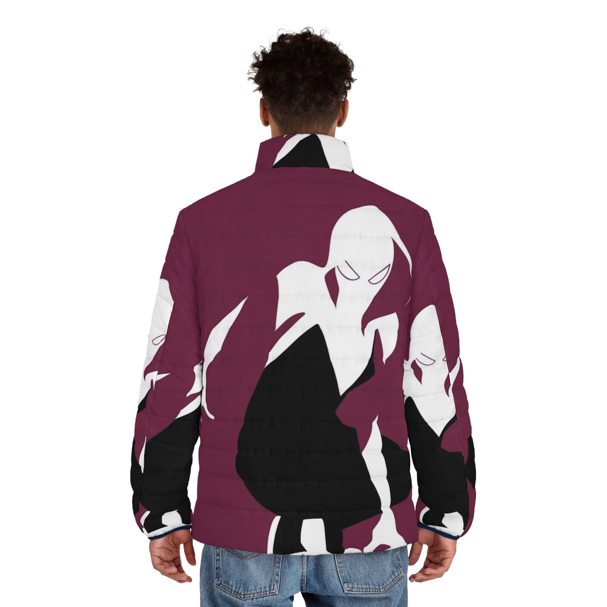 Spider-Gwen wearing a puffer jacket featuring the Marvel Spider-Verse logo - men back