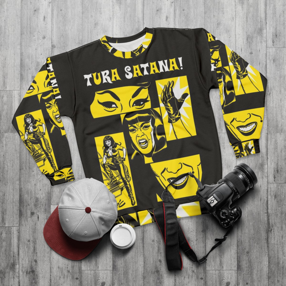 Tura Satana Retro Sweatshirt with Mitch Oconnell Pop Art Design - flat lay