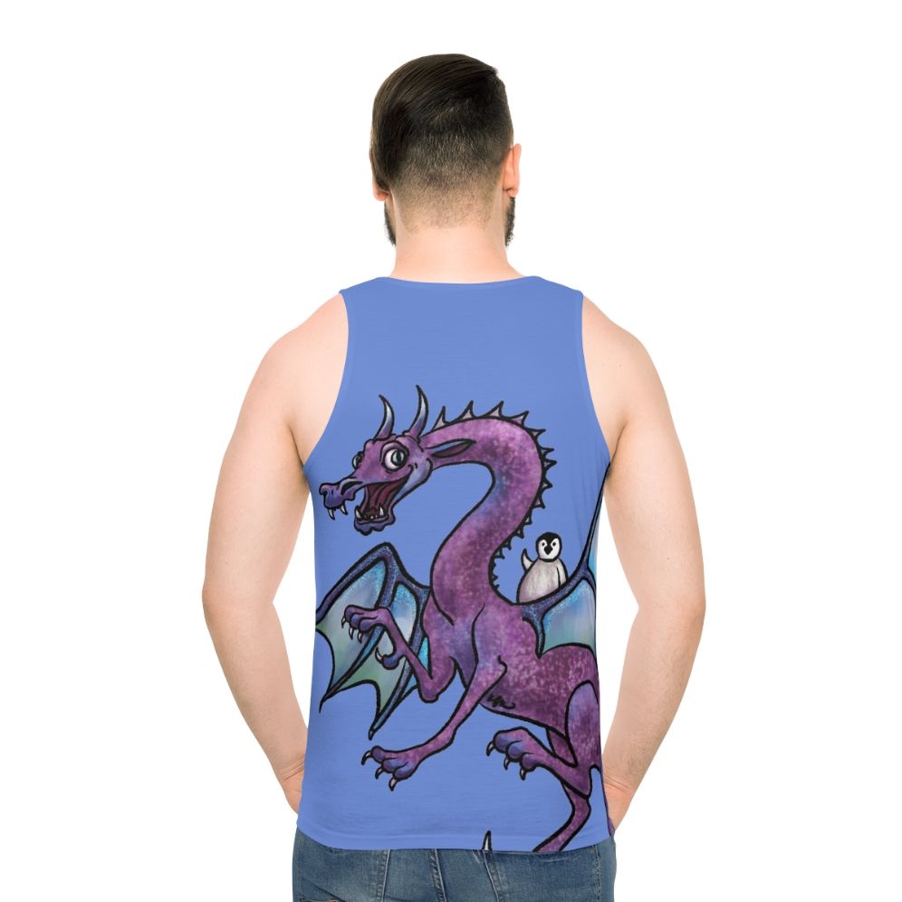 Unisex tank top with fantasy art design of a penguin and dragon in an adventurous scene - men back