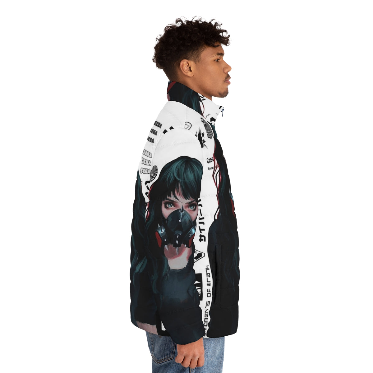 Cyberpunk gamer girl wearing a puffer jacket with futuristic and vaporwave design patterns - men side right