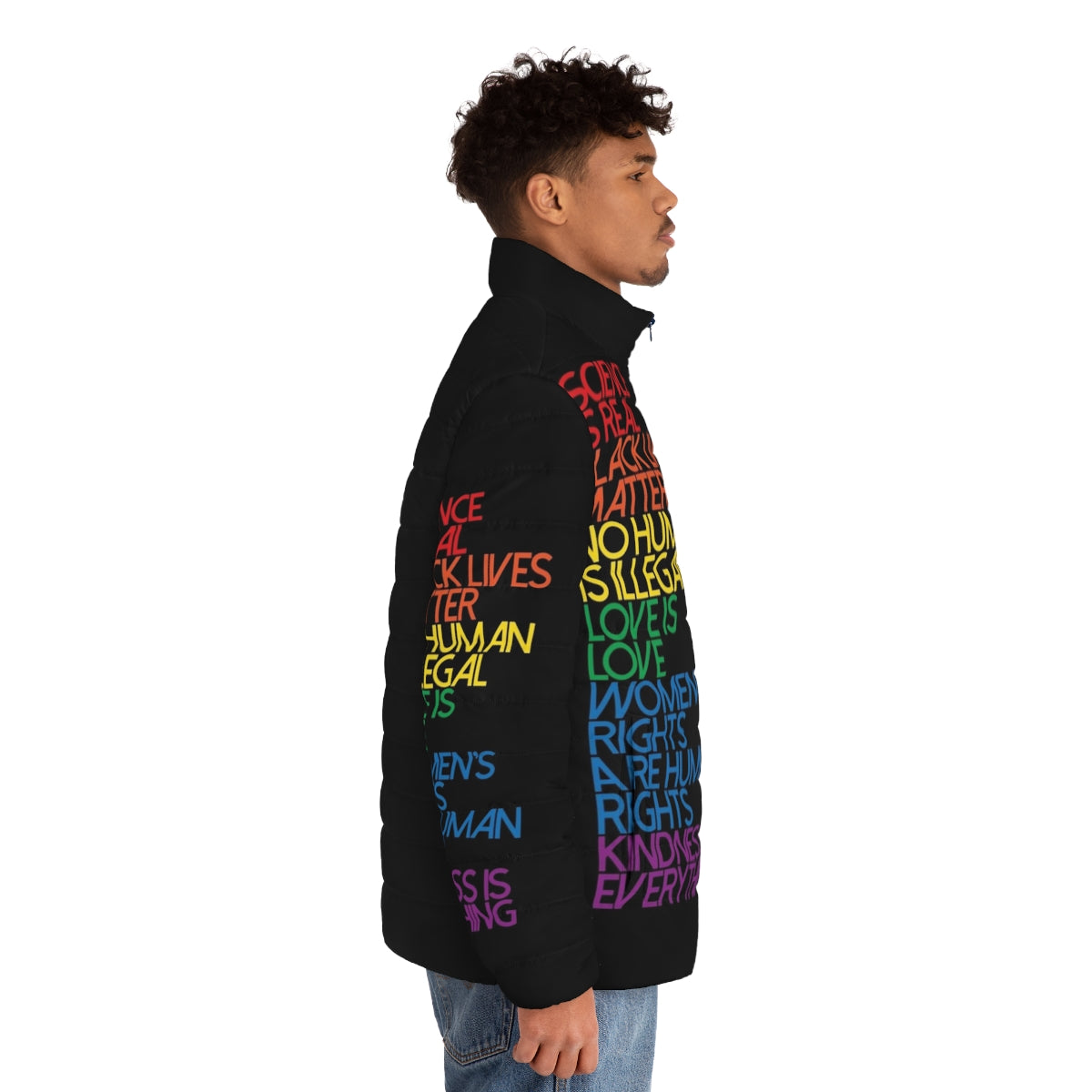 Women's black puffer jacket with "Science Is Real Black Lives Matter" text - men side right