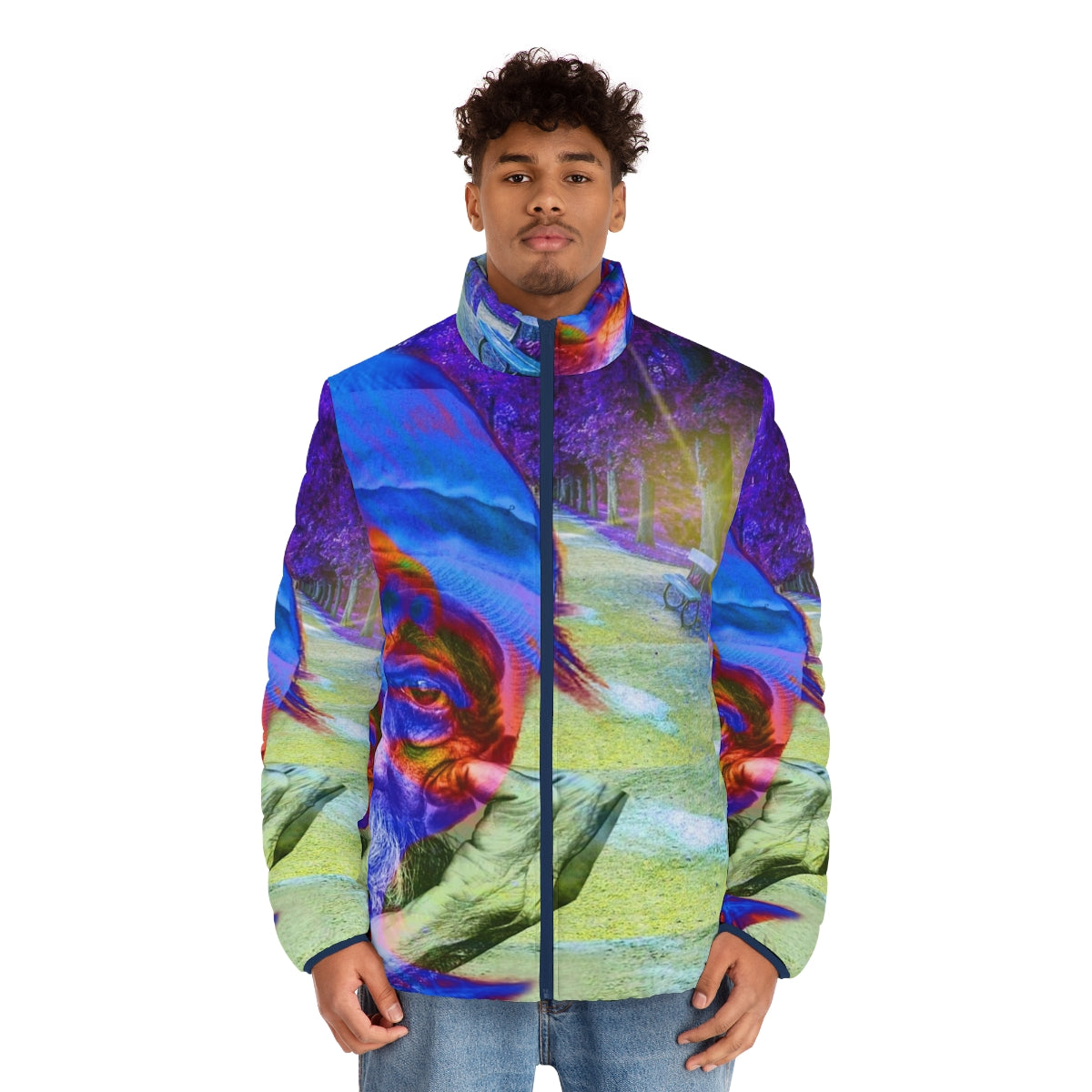 Homelessness puffer jacket with colorful and abstract patterns - men front