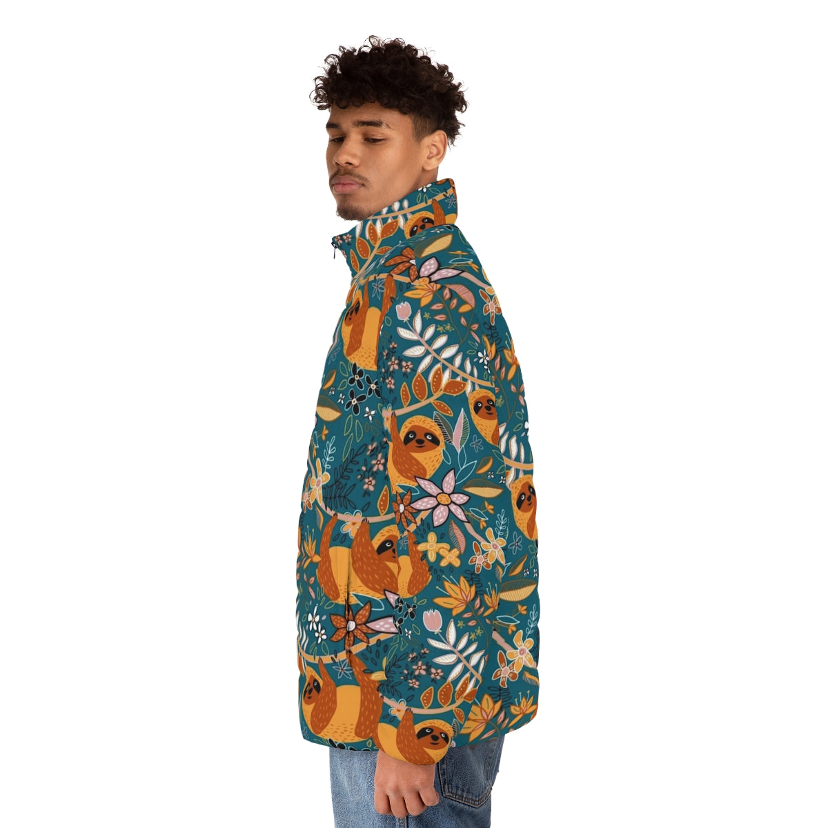 Boho Sloth Floral Puffer Jacket with a happy sloth and floral pattern in teal, orange, brown and blush colors - men side left