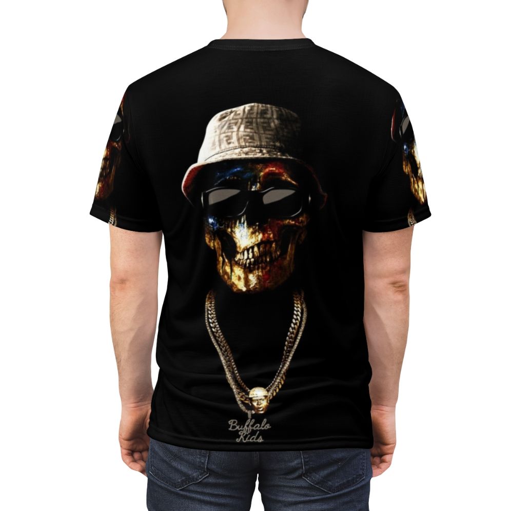 Skull face graphic t-shirt design inspired by hip hop artist Conway the Machine and Griselda Records - men back