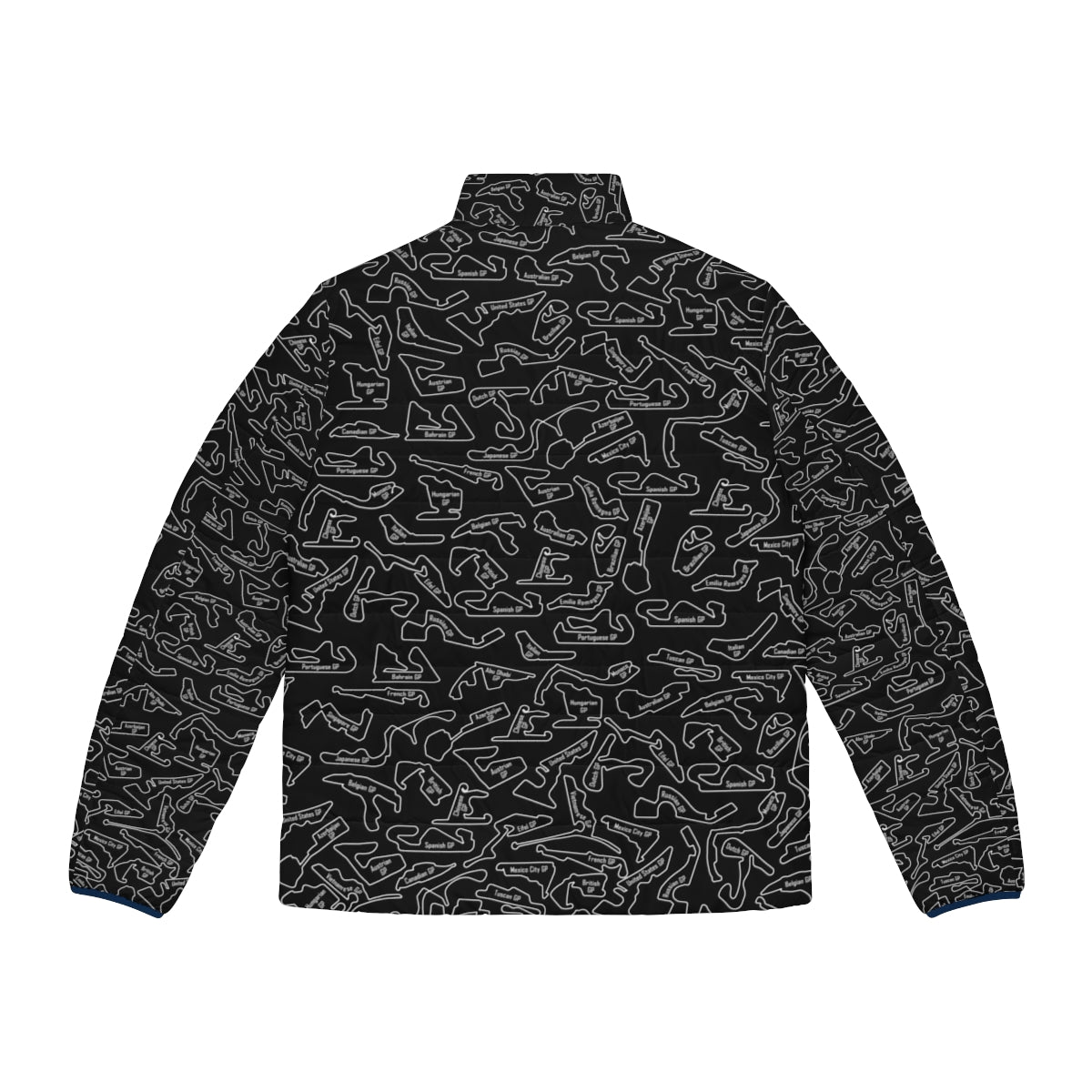 Race Circuits Pattern Puffer Jacket - Motorsports Inspired Outerwear with Focus Keyword "race circuits" - Back