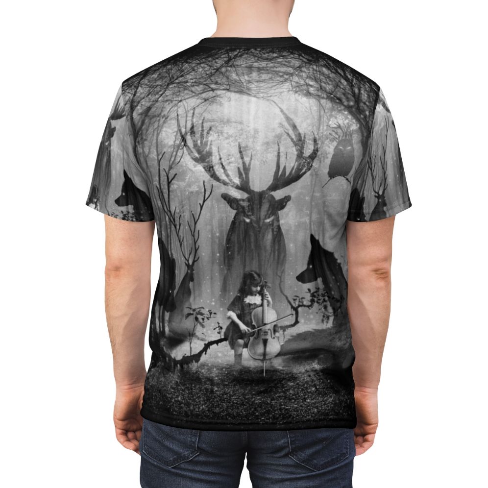 Enchanting forest cello music t-shirt with deer, fox, and wolf in a dreamy, fairytale-like woodland setting - men back