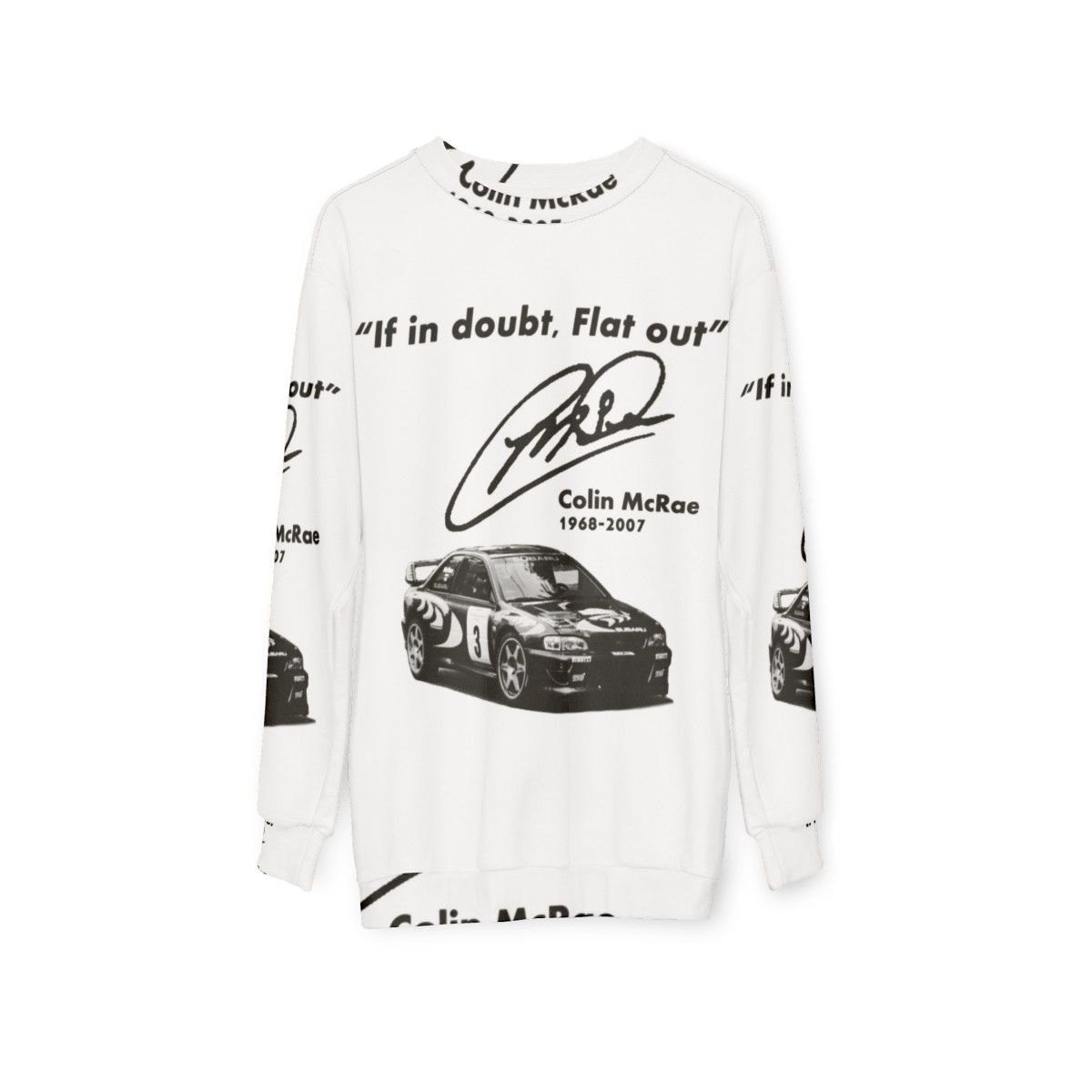 Subaru sweatshirt with "If In Doubt, Flat Out" motorsport design - hanging