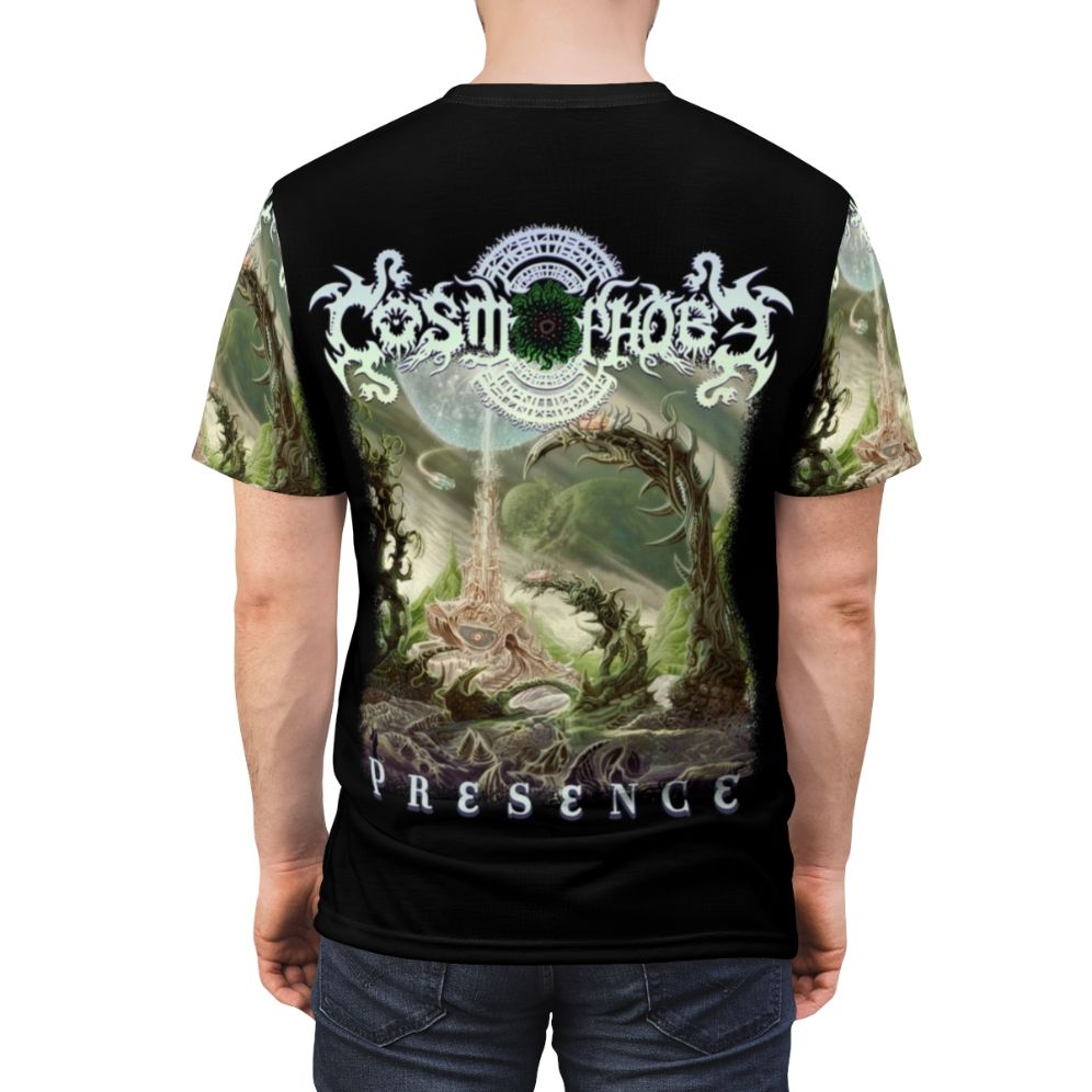 Cosmophobe Presence space-themed t-shirt with a design featuring cosmic elements - men back