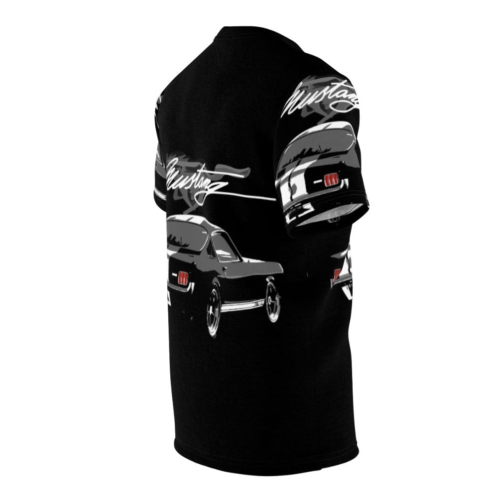 Stylized 1965 Ford Mustang Fastback muscle car graphic on a t-shirt - men right