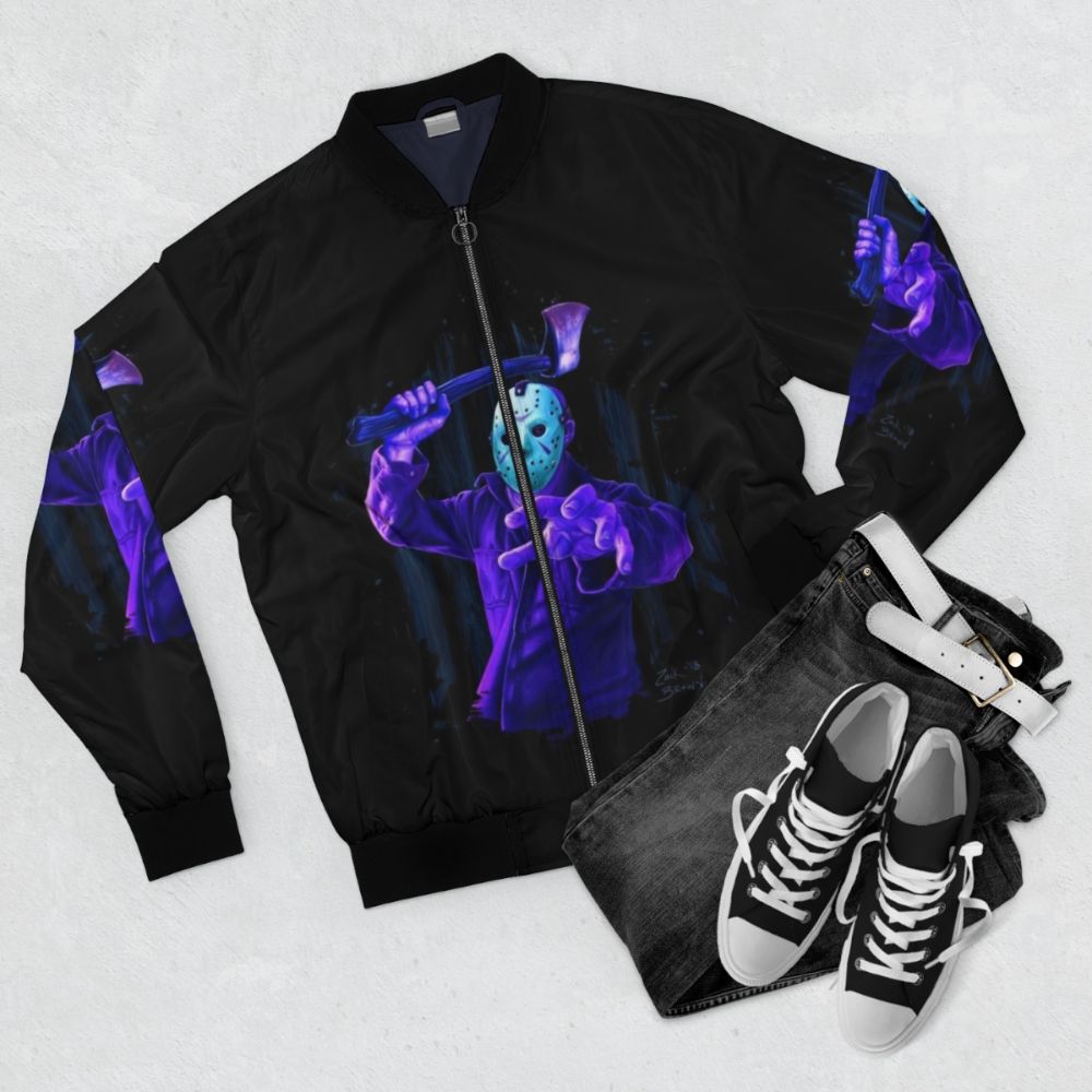 8-bit horror-inspired bomber jacket with Jason Voorhees-themed design - Flat lay