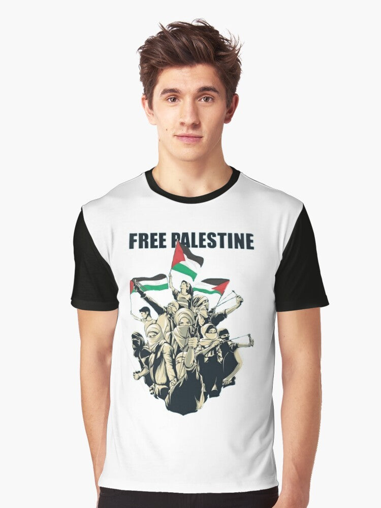 Graphic t-shirt design featuring the text "Free Palestine, Save Palestine: Palestinian Lives Matter" with the Palestinian flag. - Men