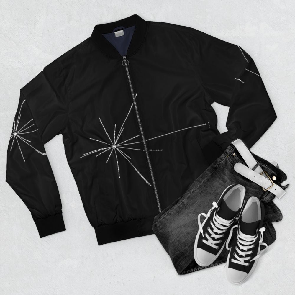 Pioneer pulsar map bomber jacket featuring the iconic spacecraft and cosmic design elements - Flat lay