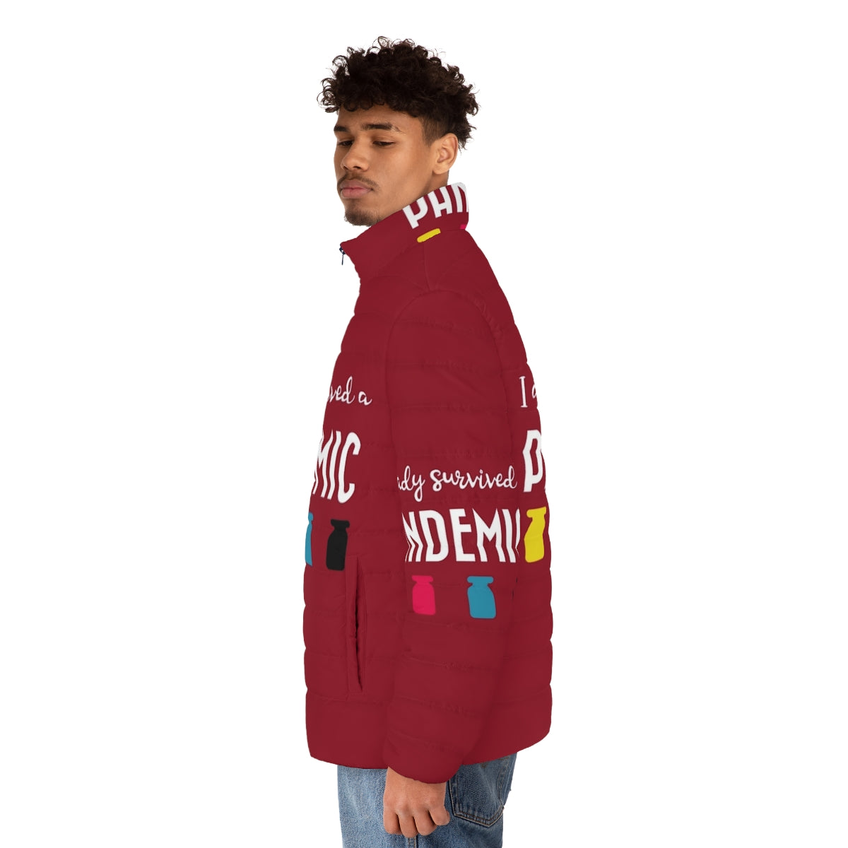 Pandemic Survivor Puffer Jacket with Funny Pandemic-Themed Graphics - men side left