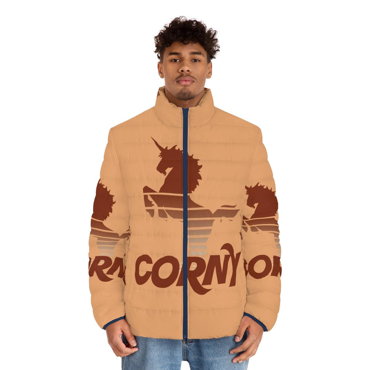 Retro corny puffer jacket with vibrant unicorn print - men front