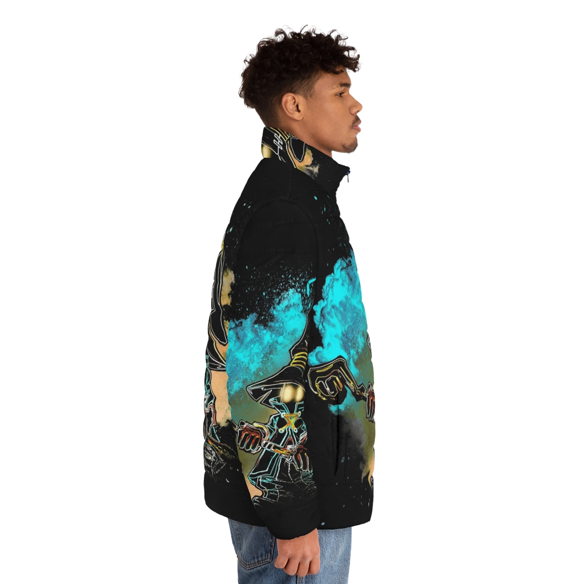 A stylish puffer jacket featuring a negative silhouette design of a Black Mage from the Final Fantasy video game series. - men side right