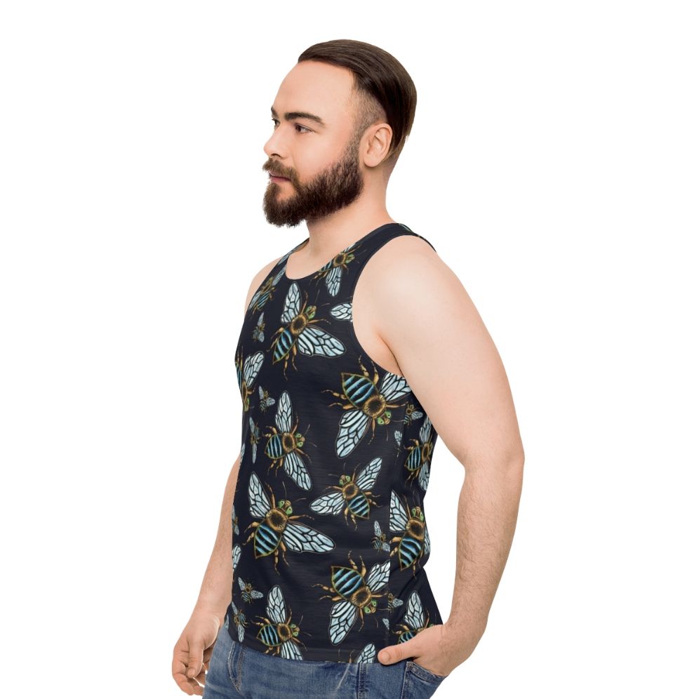 Unisex Lino Print Blue Banded Bee Tank Top - men side