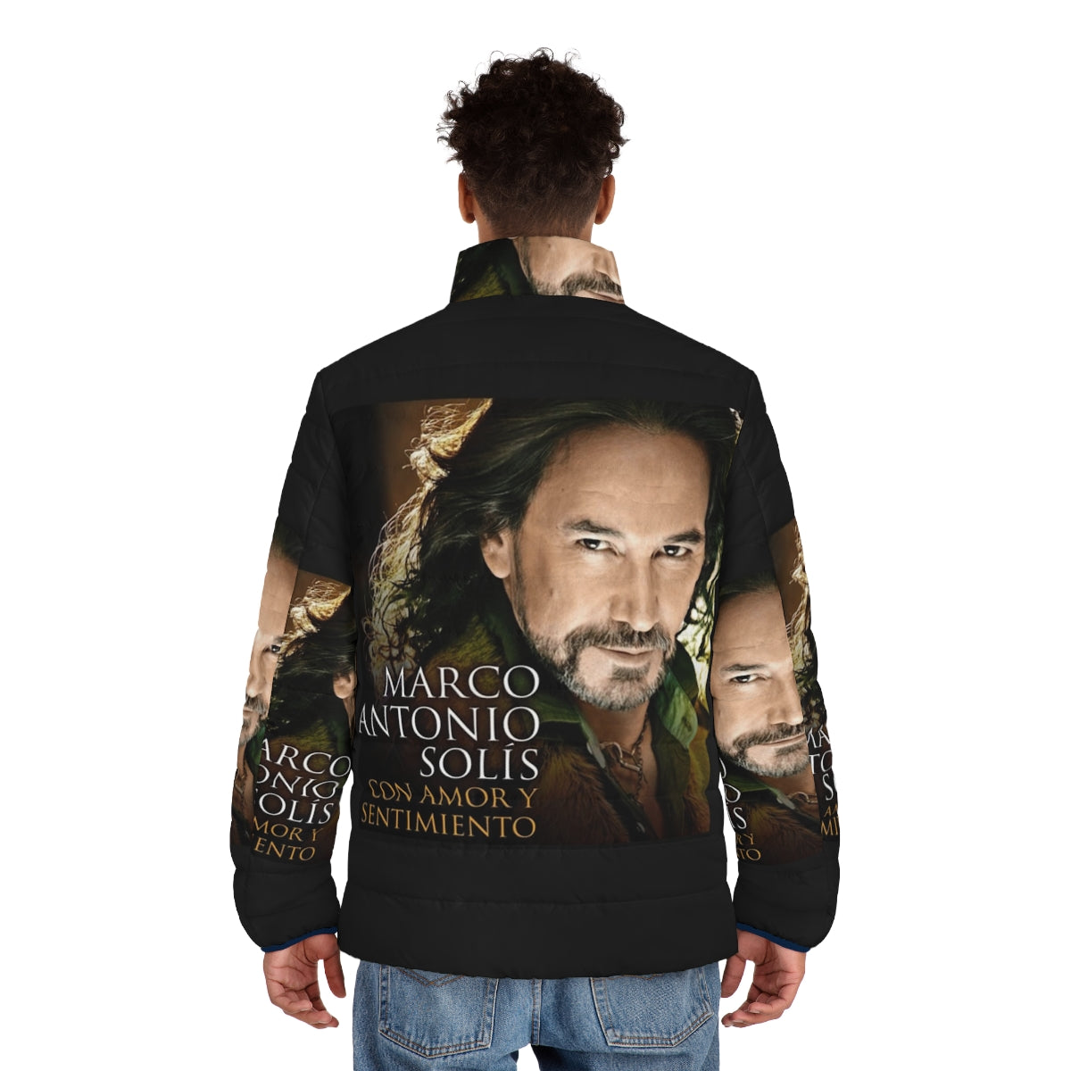 El Buki Loteria Card Puffer Jacket featuring iconic Mexican singer Marco Antonio Solis - men back