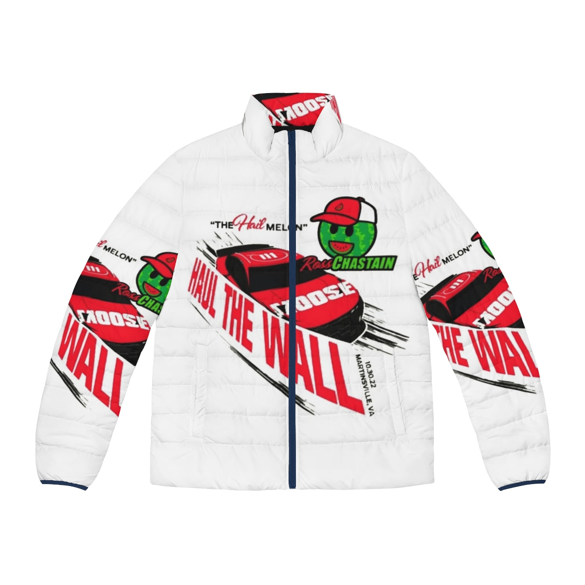 Ross Chastain wearing a puffer jacket with the "Haul the Wall, Hail Melon" design