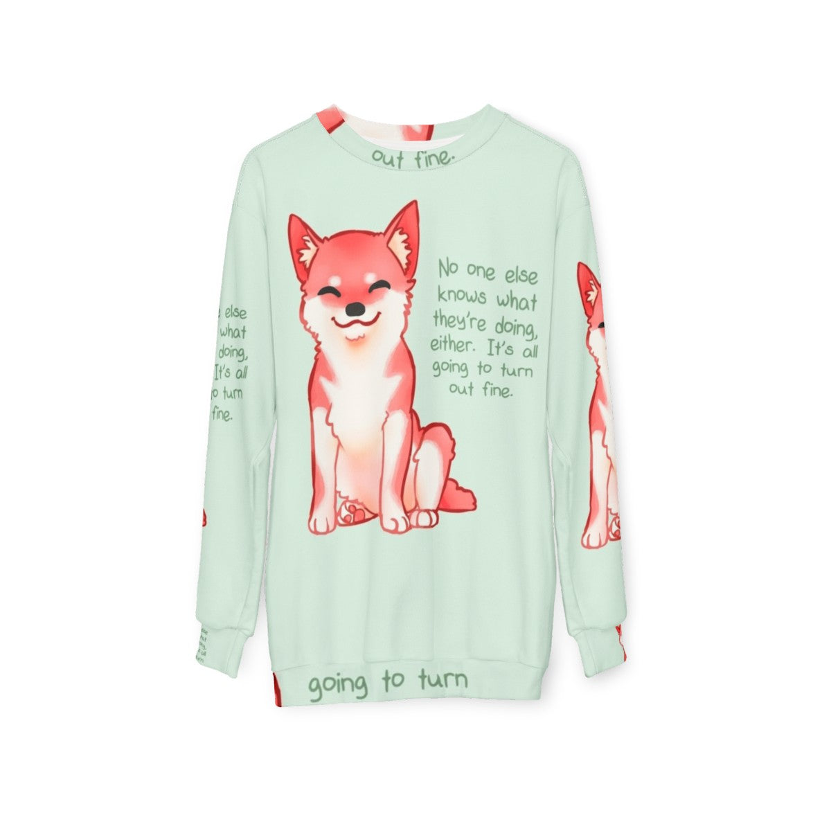 "Shiba Inu wearing a 'No One Knows' motivational sweatshirt" - hanging