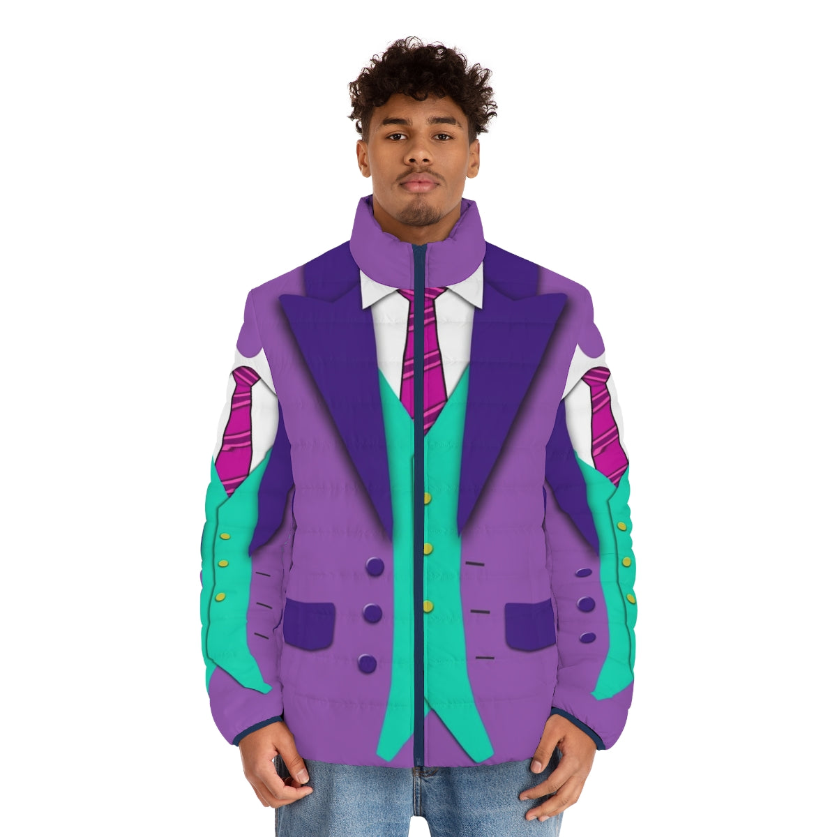 Colorful puffer jacket with suit, tie, and vest - men front