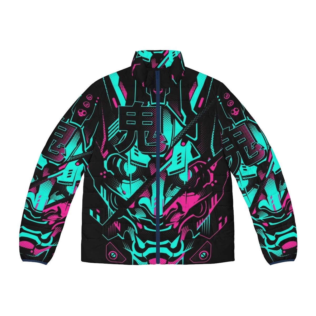 Cyberpunk-inspired neon glitch puffer jacket with oni, mecha, and Japanese design elements