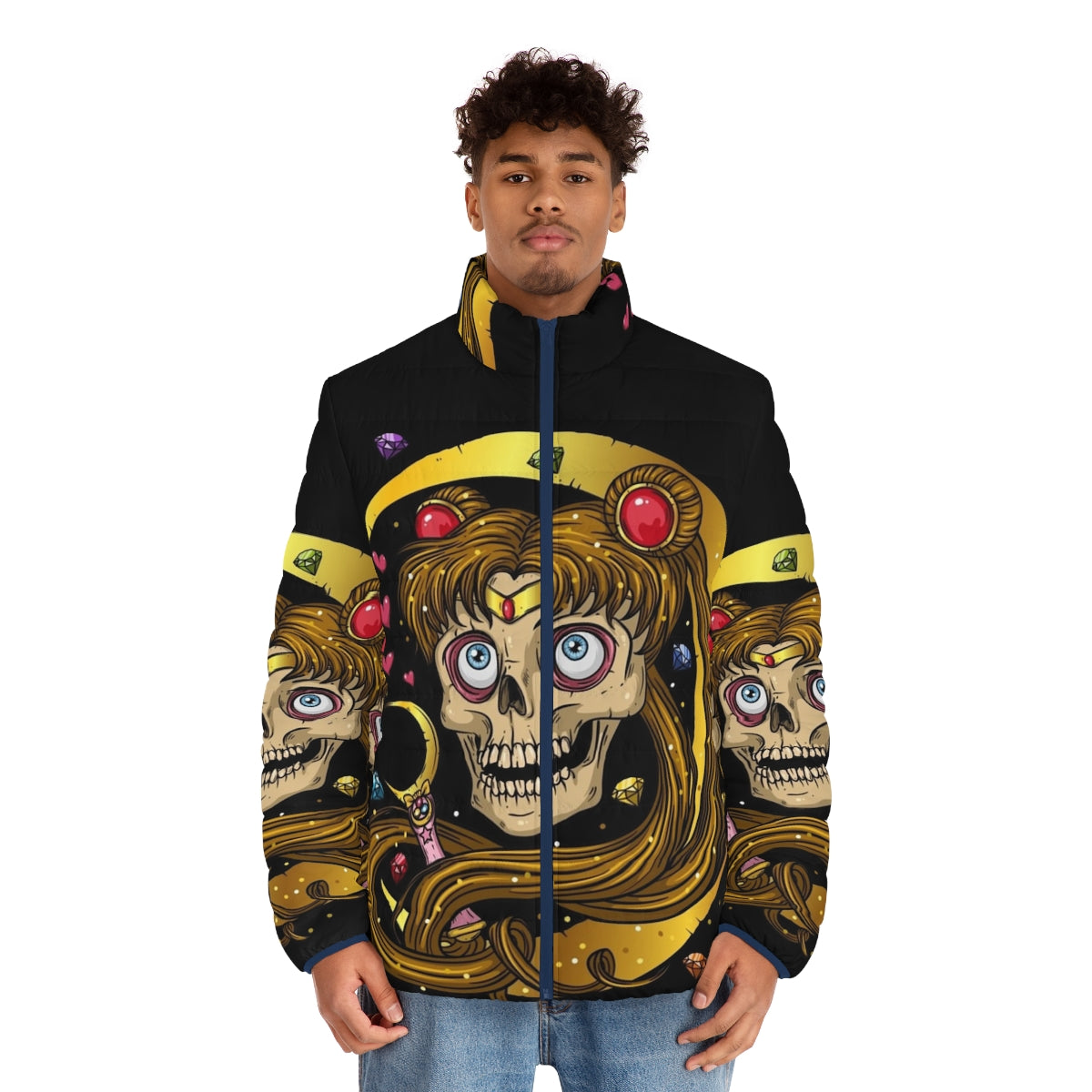 Puffer jacket with a moon skull design for a dark, occult fashion look - men front