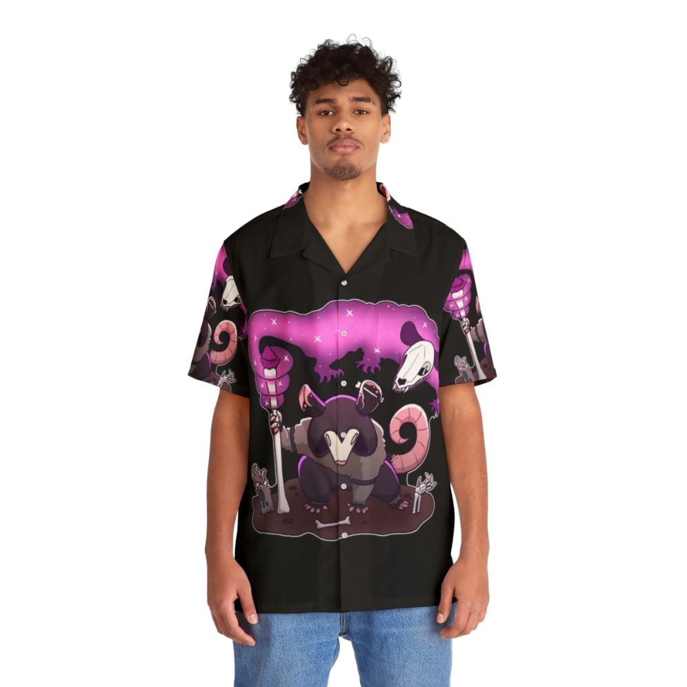 Necromancer Opossum Hawaiian Shirt with Spooky Skull and Bones - People Front