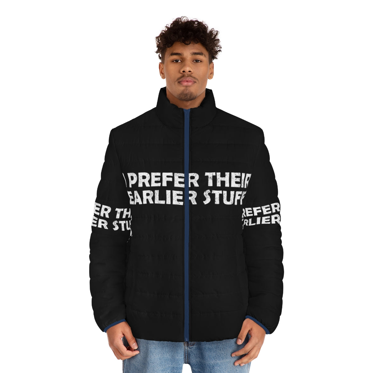 "I Prefer Their Earlier Stuff" music lover puffer jacket featuring a guitar design - men front