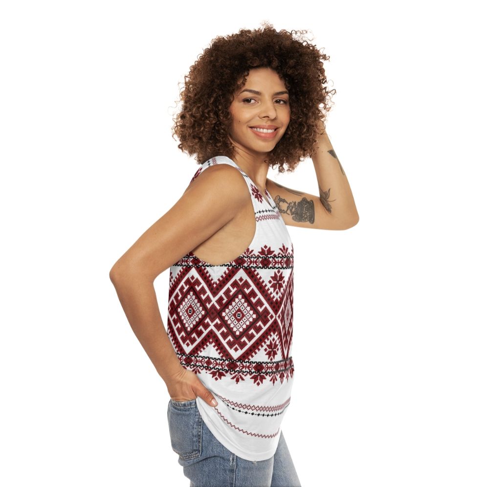 Unisex tank top with traditional Romanian geometric motif pattern - women side