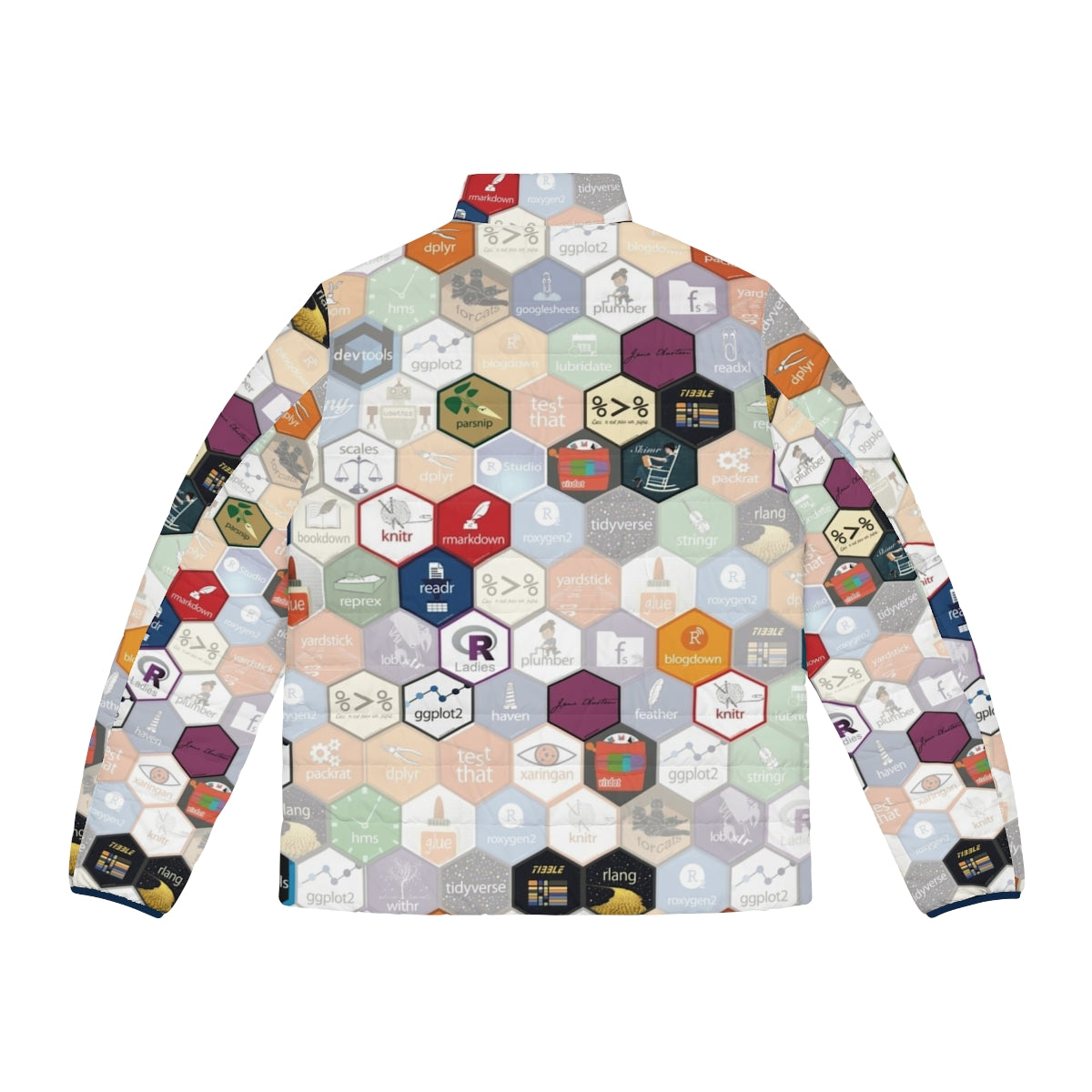 A puffer jacket with a small hexagonal pattern, perfect for data science enthusiasts and R programmers. - Back