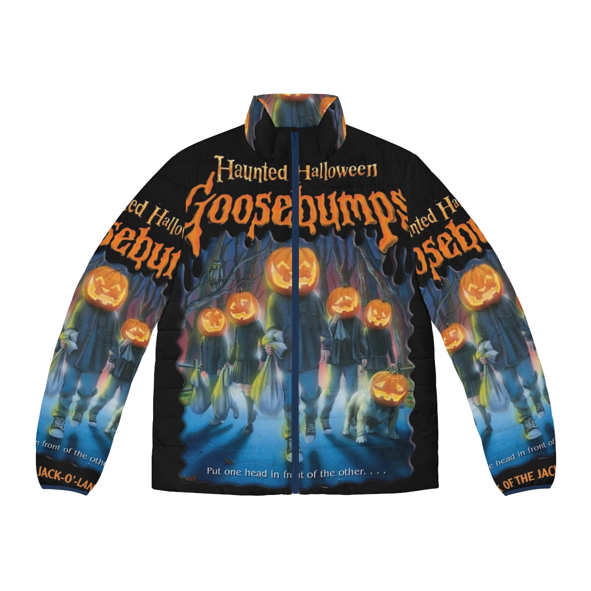 A spooky puffer jacket featuring a jack o' lantern design, perfect for a haunted Halloween costume.