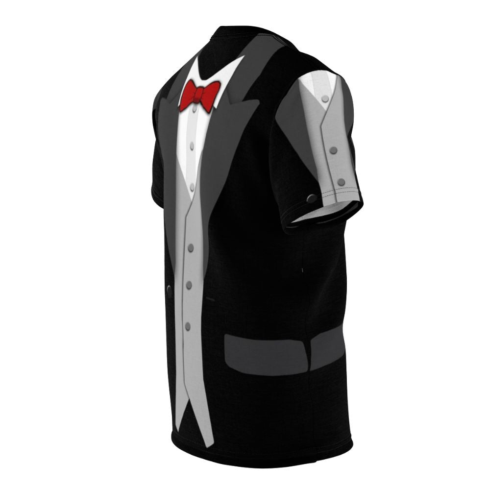 Model wearing a black tuxedo T-shirt with a red bow tie and vest - men right