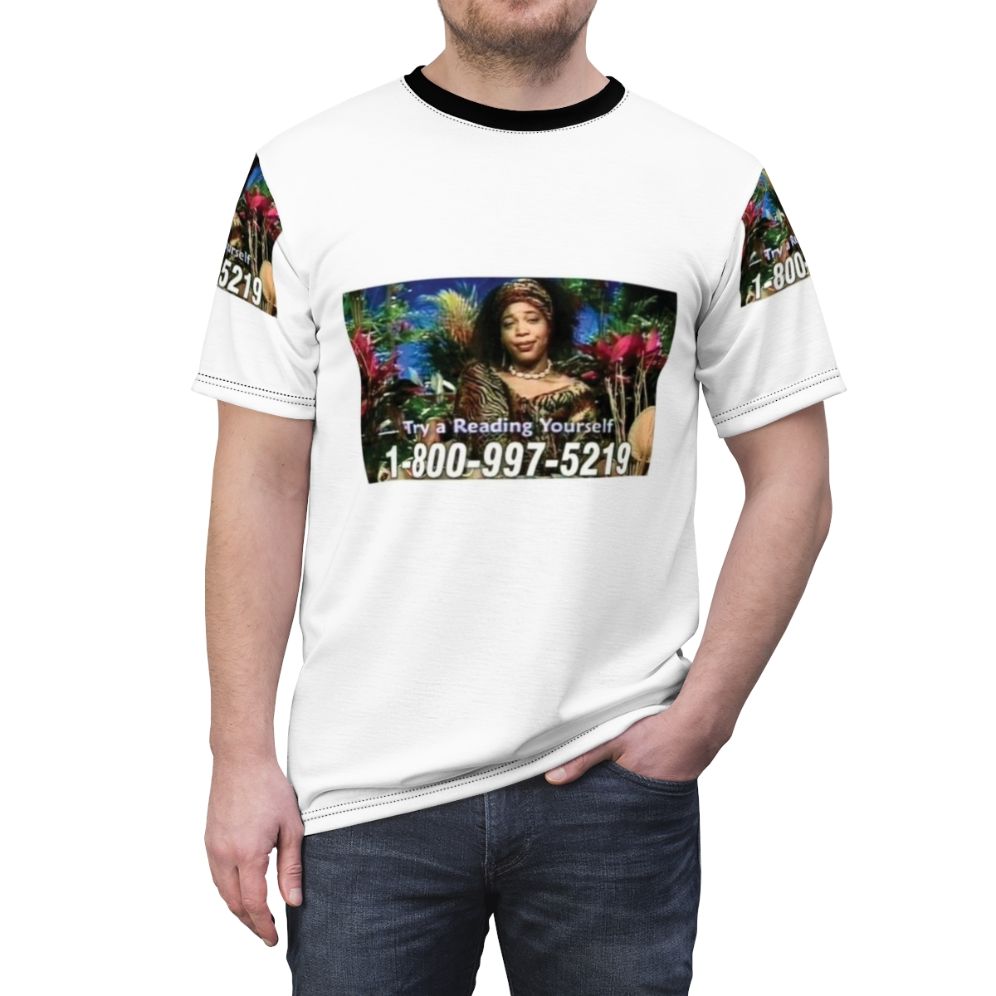 Retro-style t-shirt featuring Miss Cleo, the iconic psychic TV personality from the 80s and 90s. - men front