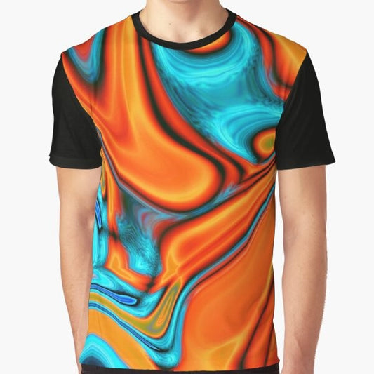 Southwest-inspired graphic t-shirt with vibrant turquoise and orange swirls against a modern, minimalist background.