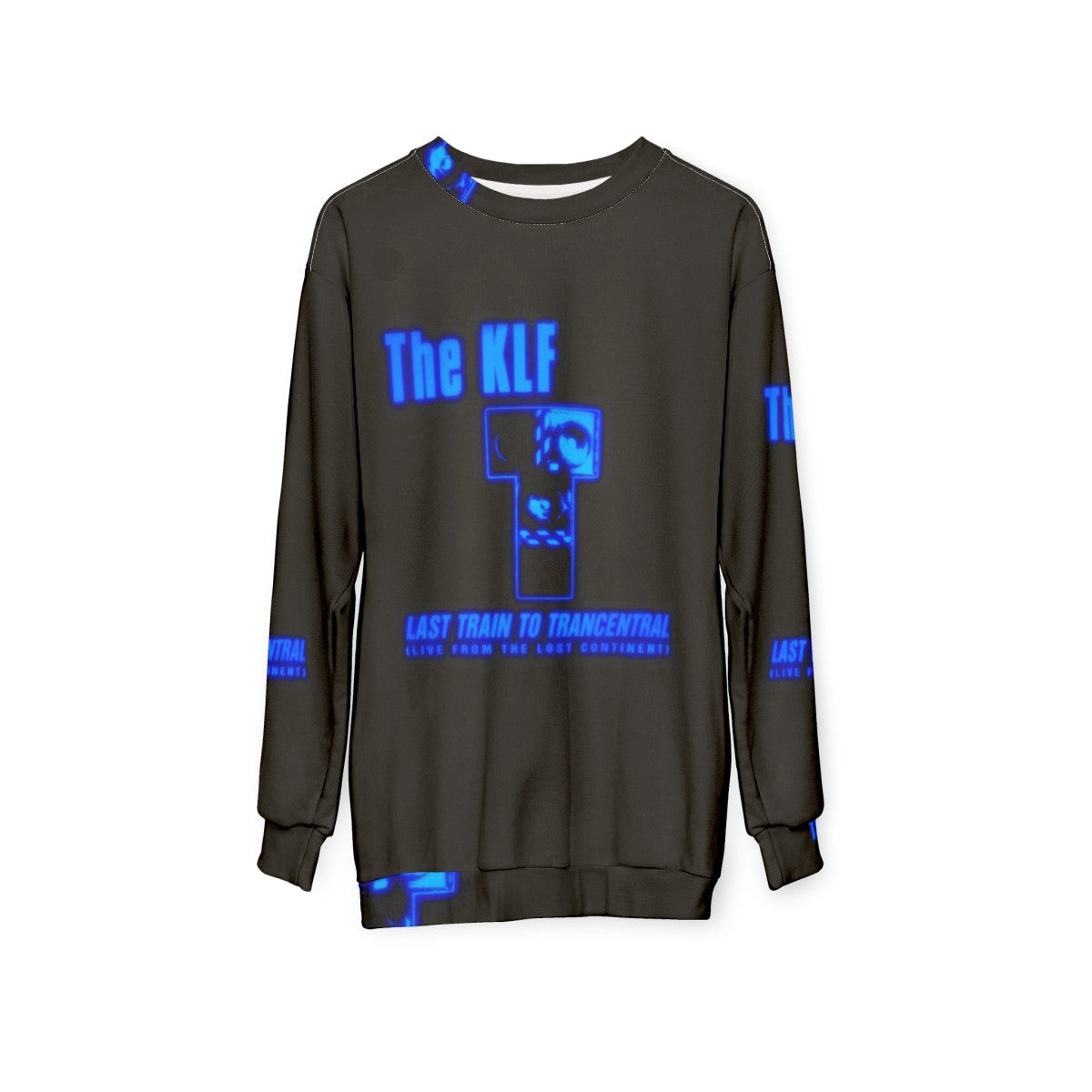 90s sweatshirt featuring The KLF "Last Train to Trancentral" design - hanging