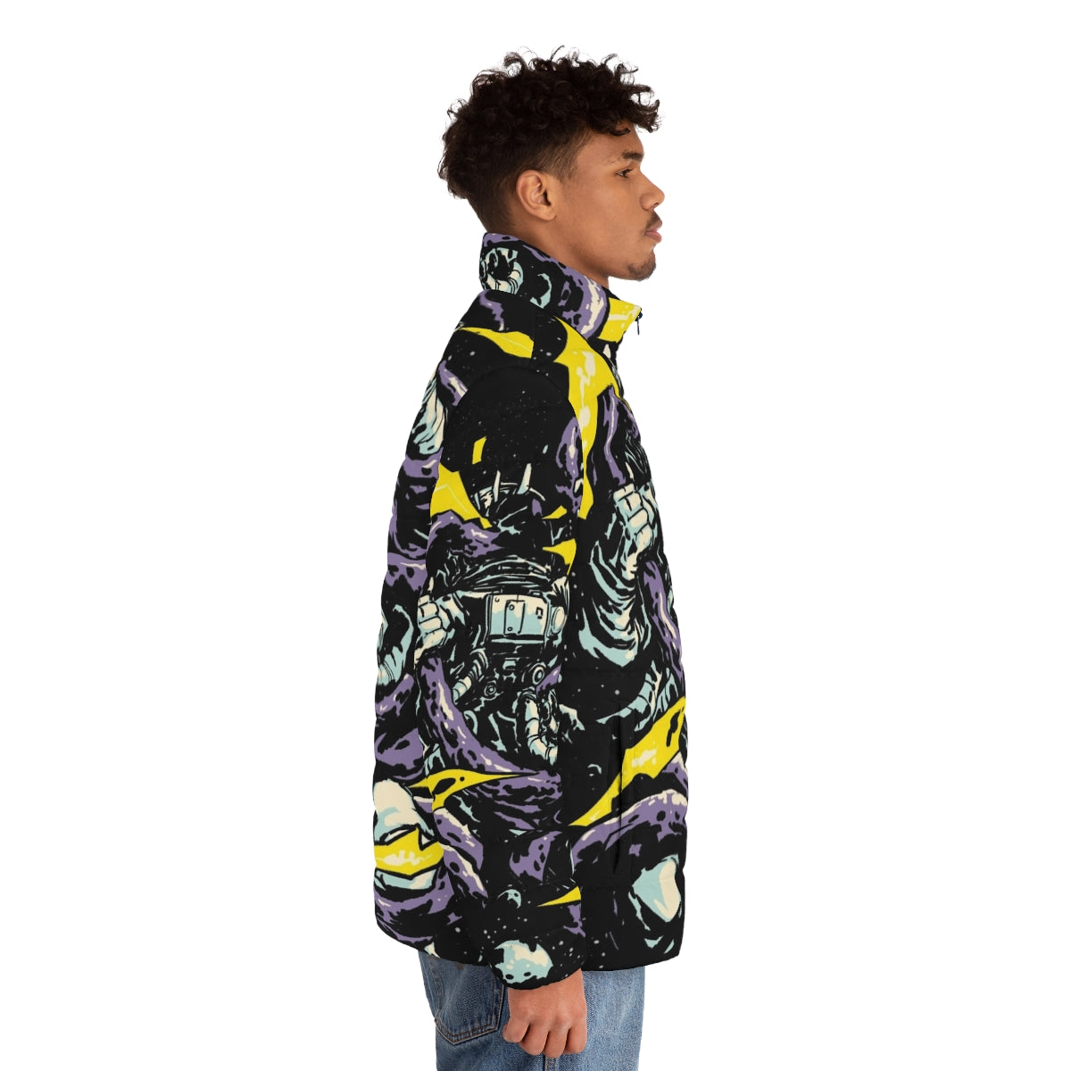 Intergalactic Space Trap Puffer Jacket featuring an astronaut, alien, and cosmic creatures in a digital art style - men side right