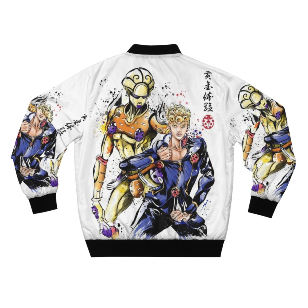 Watercolor anime-inspired bomber jacket with vibrant colors and patterns - Back