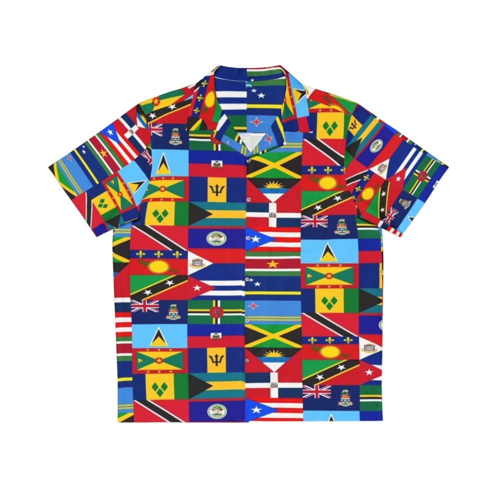 Caribbean flags printed on a tropical Hawaiian shirt