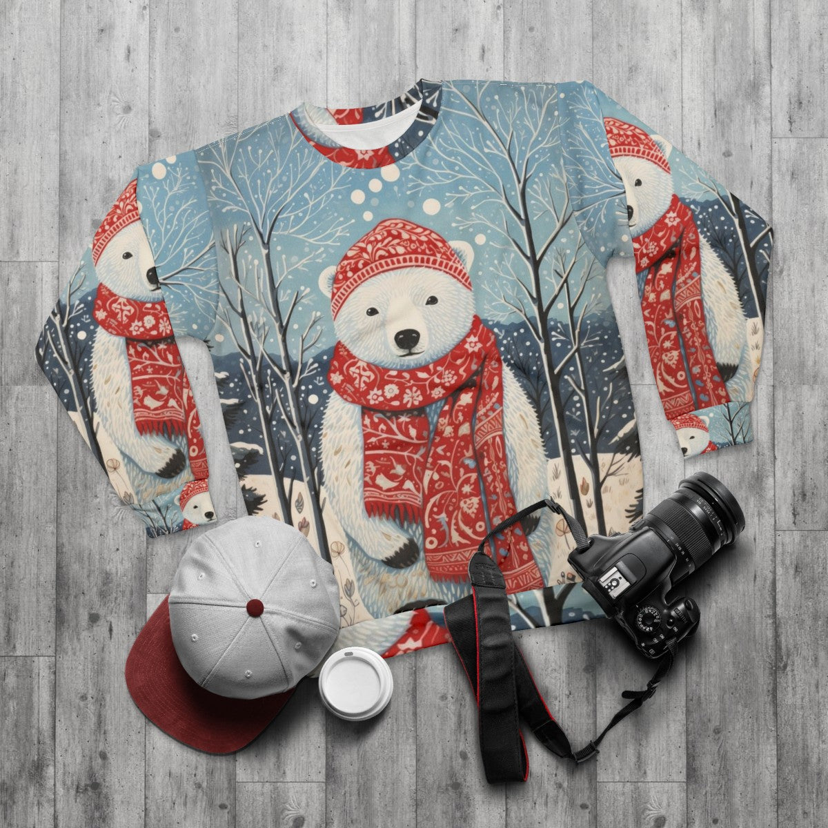 Vintage Christmas White Bear Winter Artwork Sweatshirt - flat lay