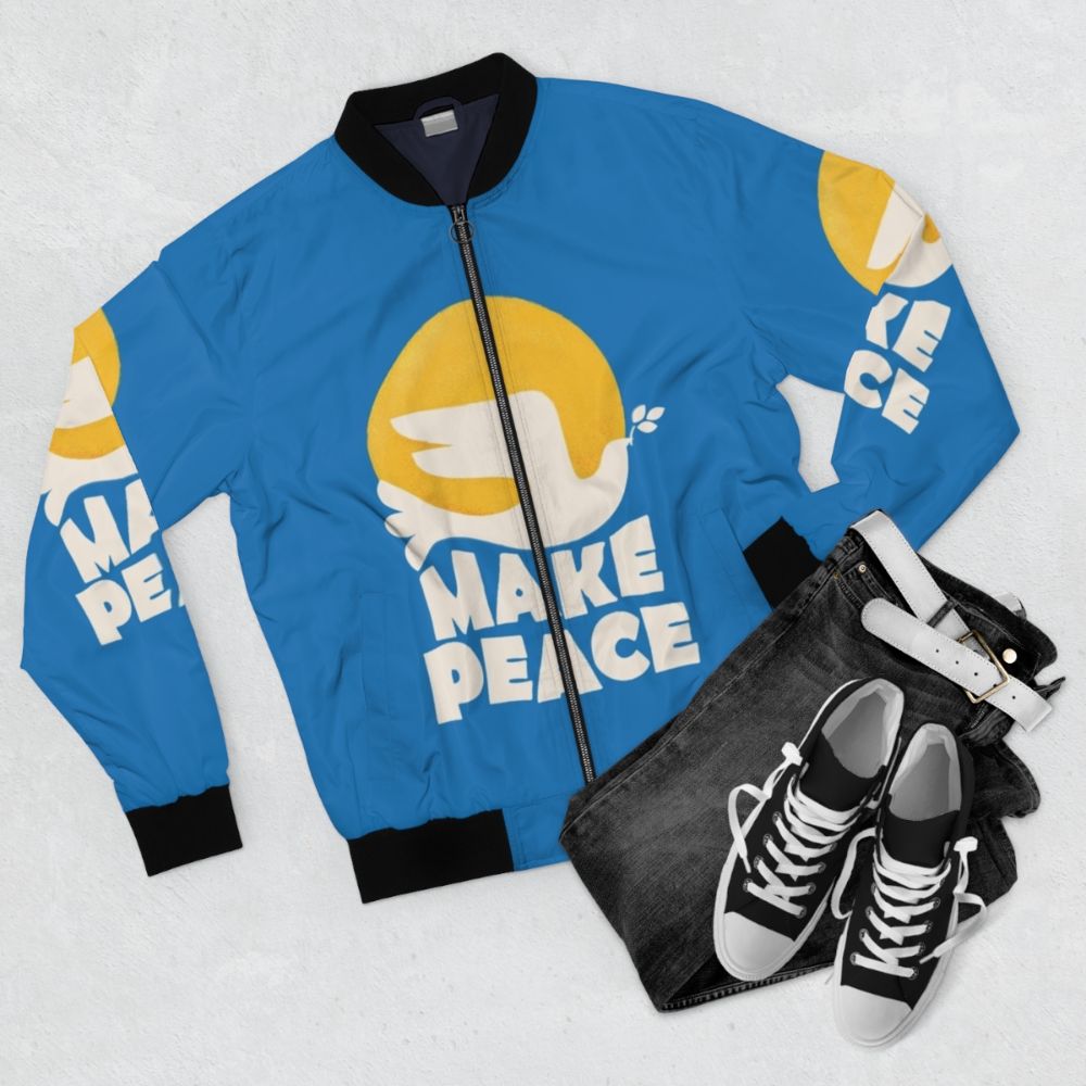 Peace typography bomber jacket with a positive message - Flat lay