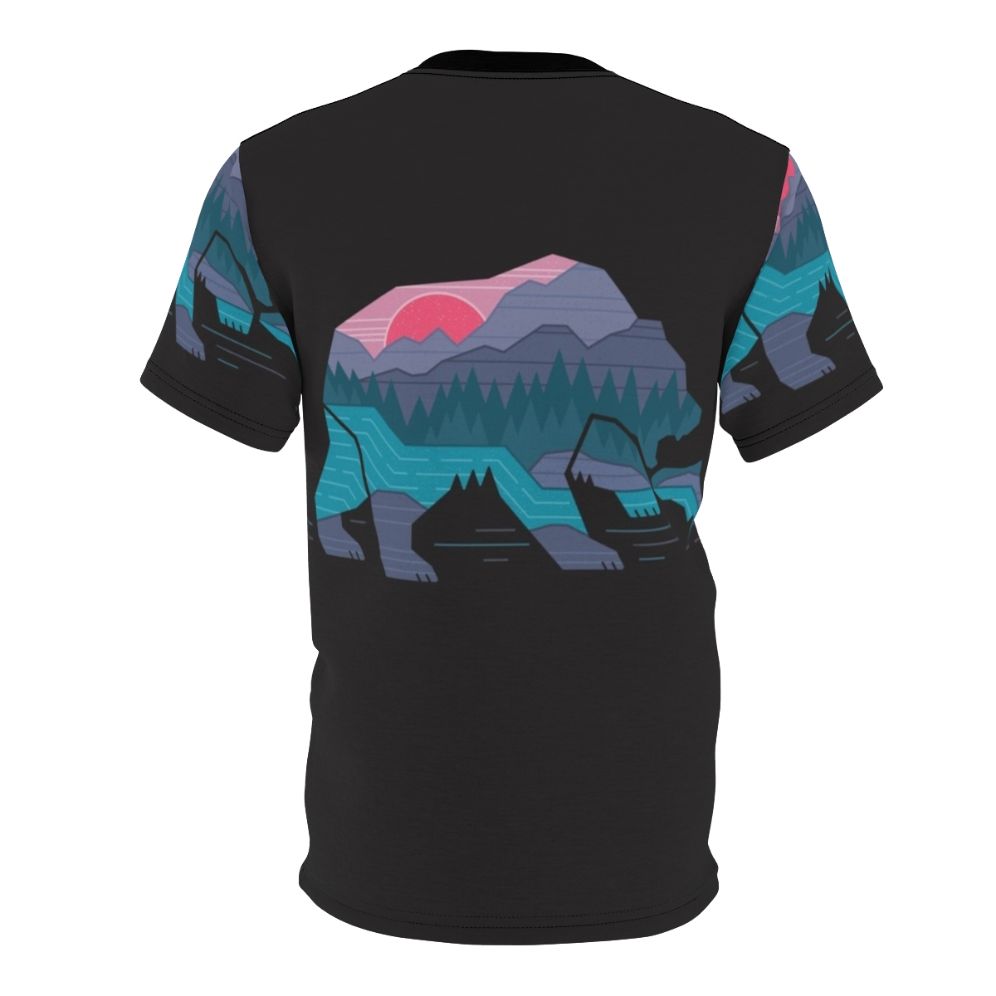 Rugged Bear Country AOP T-Shirt featuring a minimalist graphic design of bears, mountains, and wilderness - Back