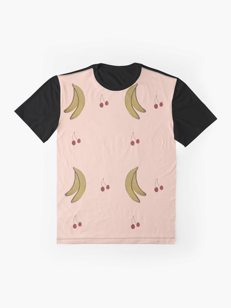 LA PETITE VIE graphic t-shirt featuring a colorful pattern of bananas, cherries, and other Quebec-inspired elements - Flat lay