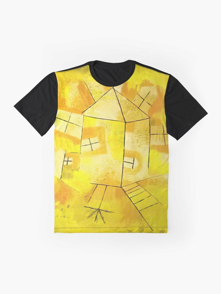 Graphic t-shirt featuring Paul Klee's cubist and expressionist painting "Castle and Sun" - Flat lay