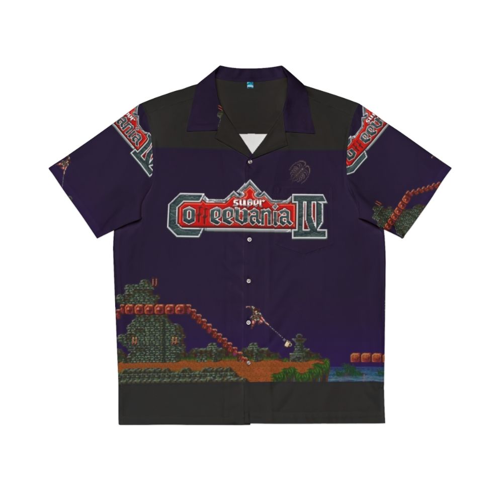 Retro Castlevania-inspired Hawaiian shirt with coffee and pixel art design