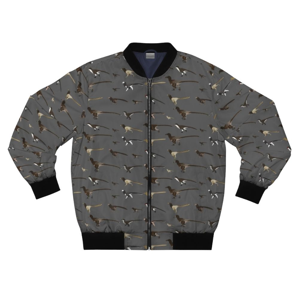 Dromaeosaur pattern bomber jacket with a velociraptor palaeoart design