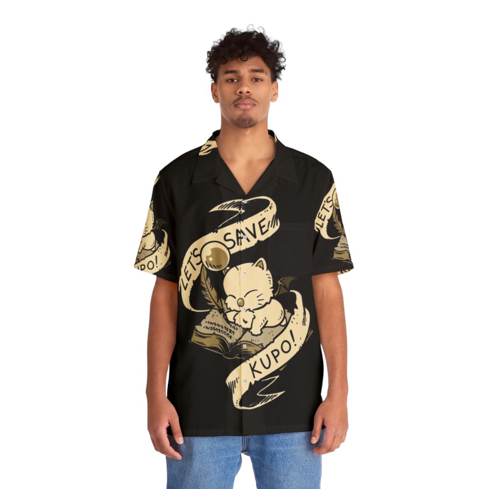 "Retro Hawaiian shirt with 'Let's Save Kupo' design, featuring gaming and anime elements" - People Front