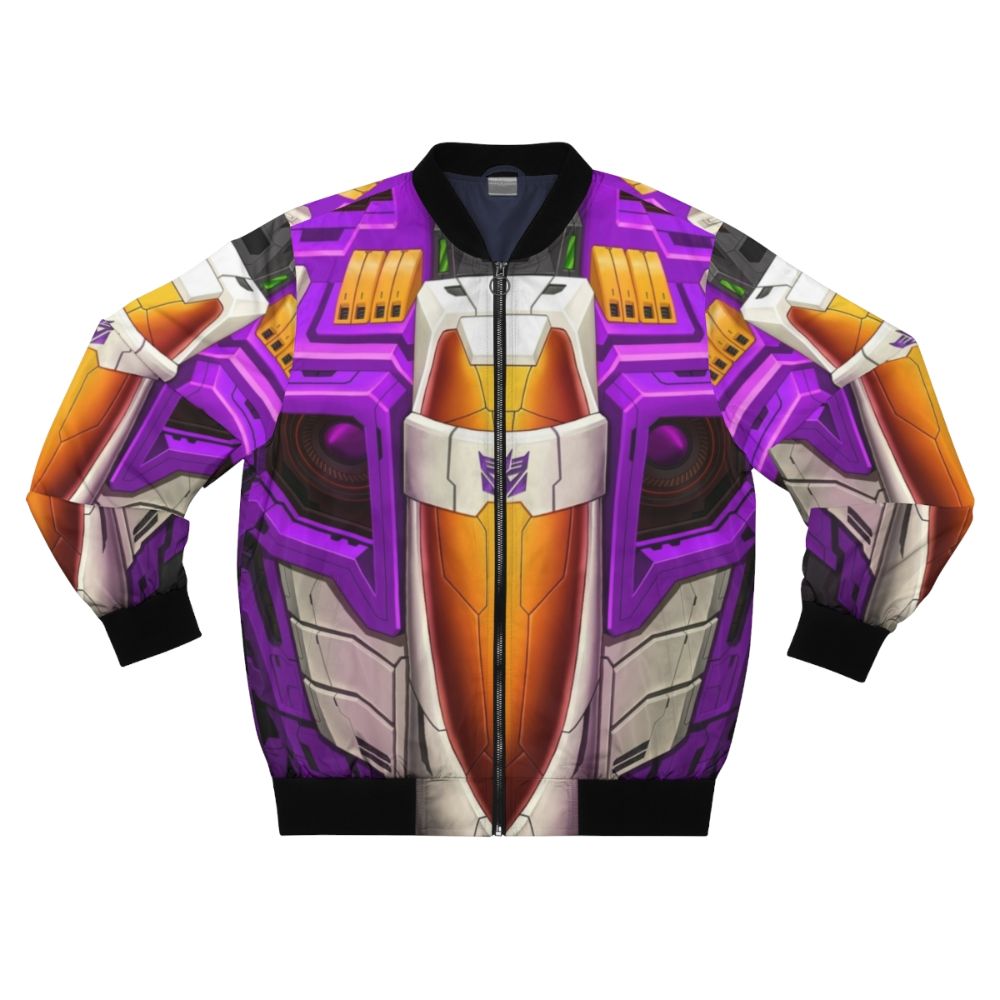 Transformers Skywarp Decepticon Bomber Jacket with robot, warrior, and jet design