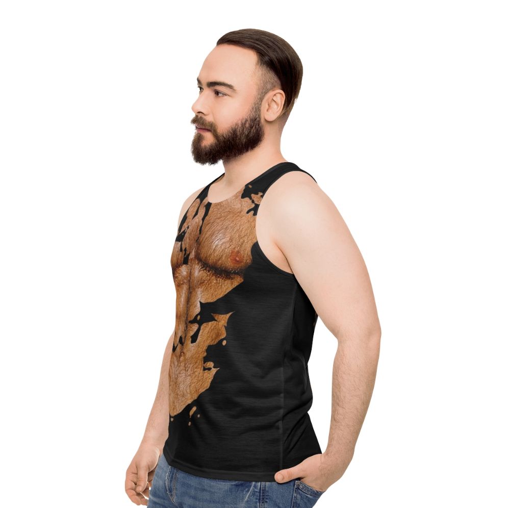 Muscular hairy chest man wearing a unisex fitness tank top - men side