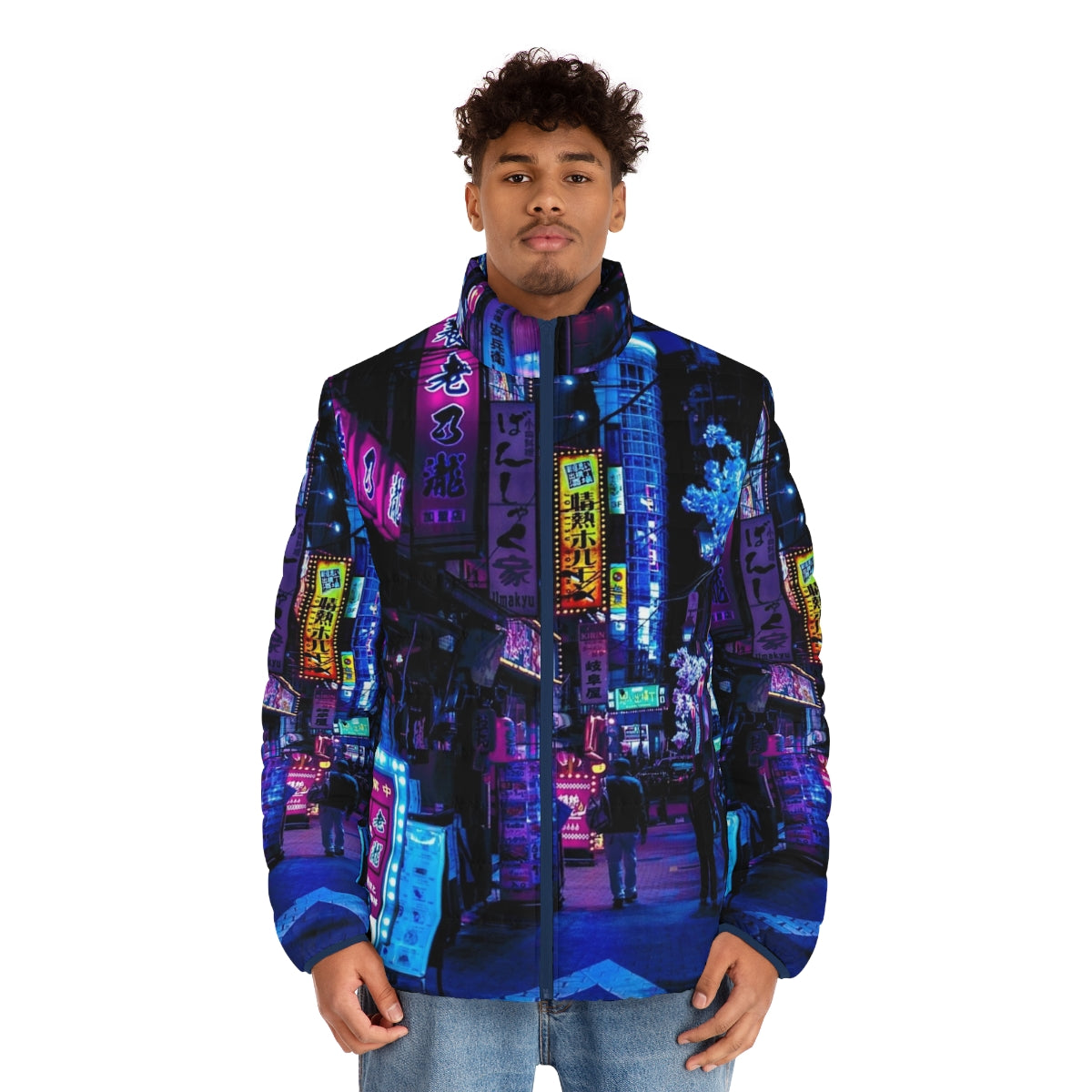 Blue puffer jacket with neon Tokyo alley print, futuristic urban fashion - men front