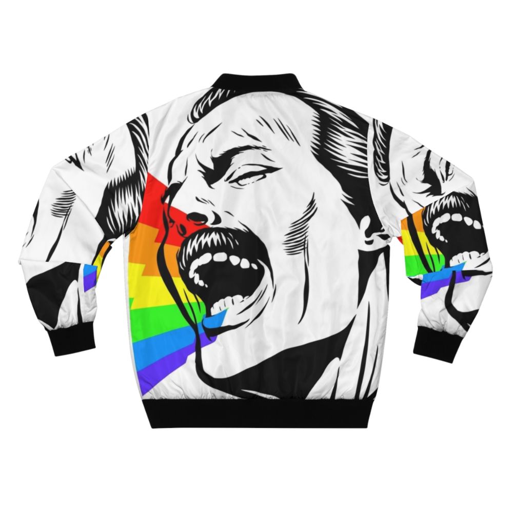 A colorful, vibrant bomber jacket with a singing rainbows design - Back